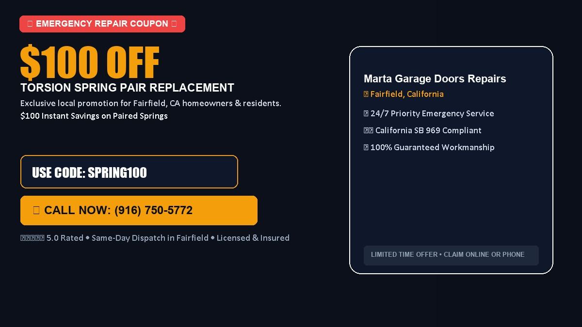Marta Garage Doors Repairs $100 OFF Dual Torsion Spring Replacement in Fairfield, CA